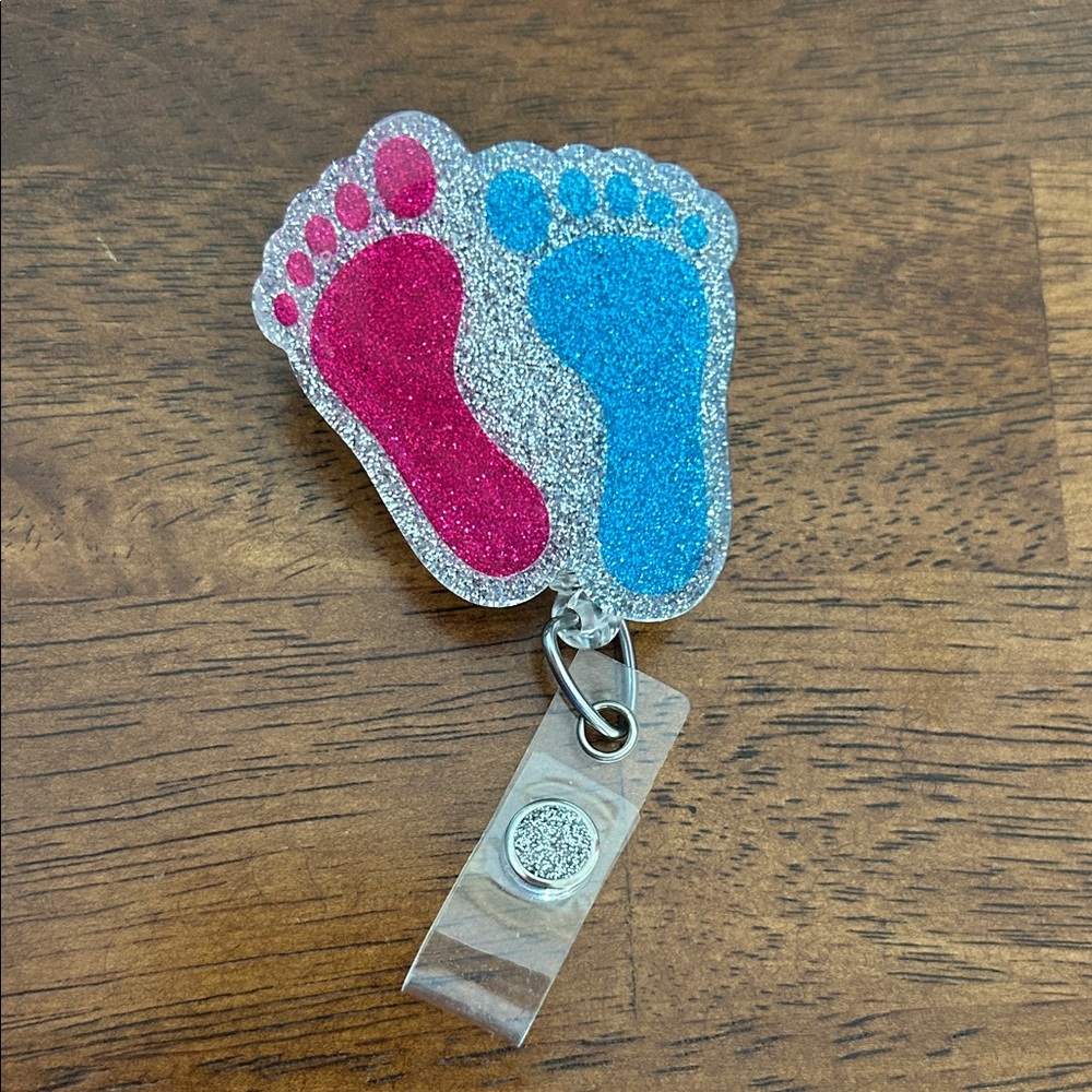 Glitter Footprint ID Badge Reel in Pink and Blue